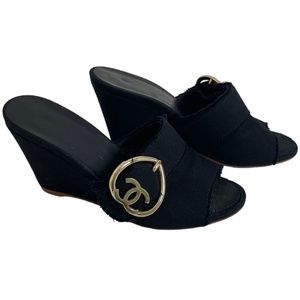 Chanel Black Canvas CC Heart Buckle Wedge Slide Sandals Size 37